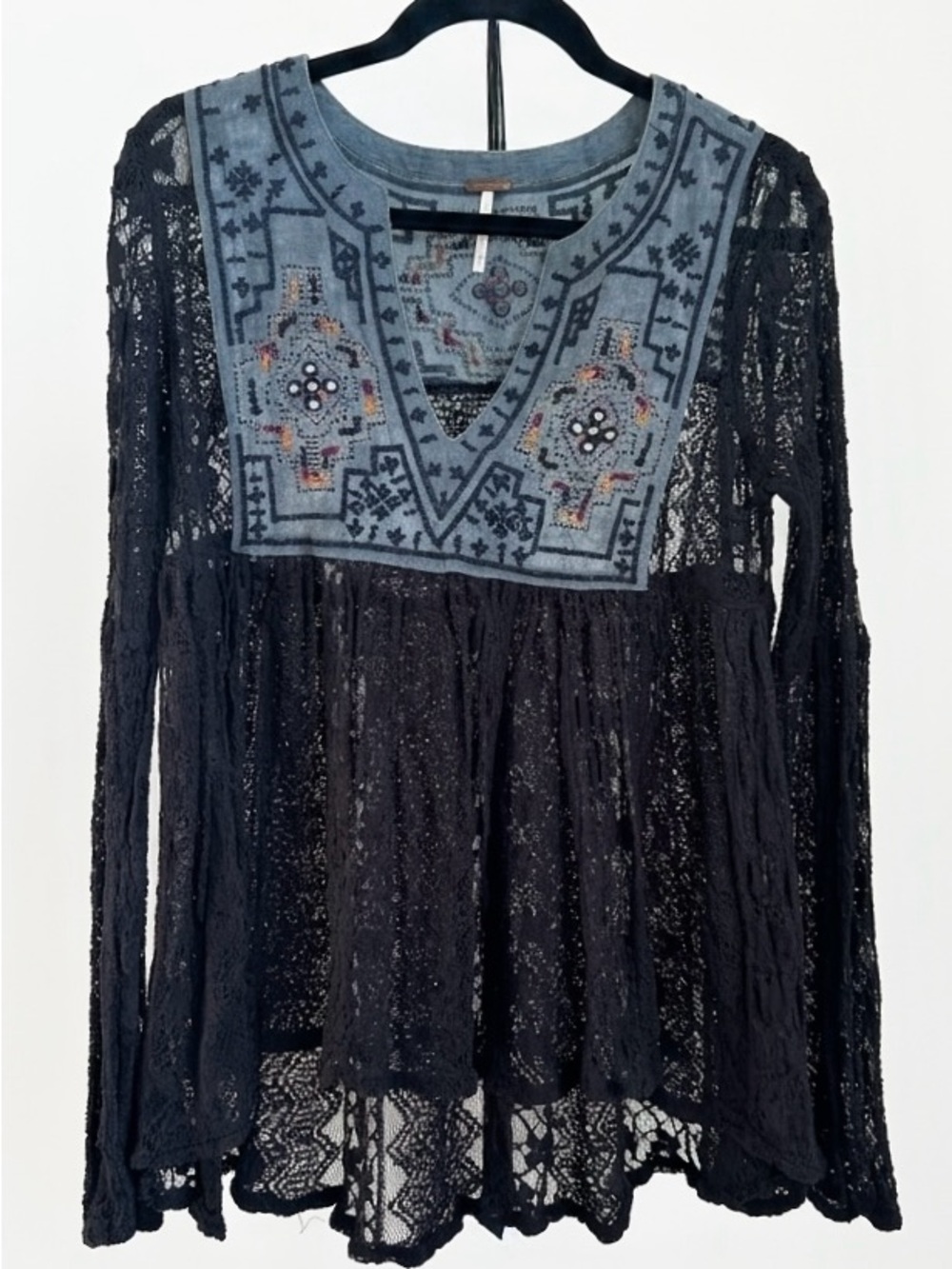 Free People Embroidered Lace Bohemian Peasant Tunic Blouse Black X